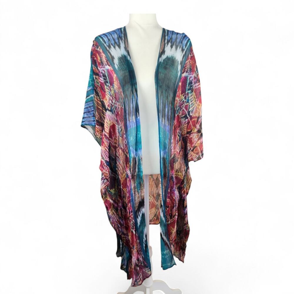 Soft Surroundings Boho Kimono ONE SIZE Multi-color Mixed Print Pink Blue Open 1x